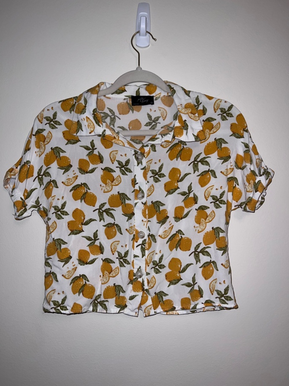 Cropped Button-Down Shirt with lemon Citrus Print Short Sleeve Nursing
